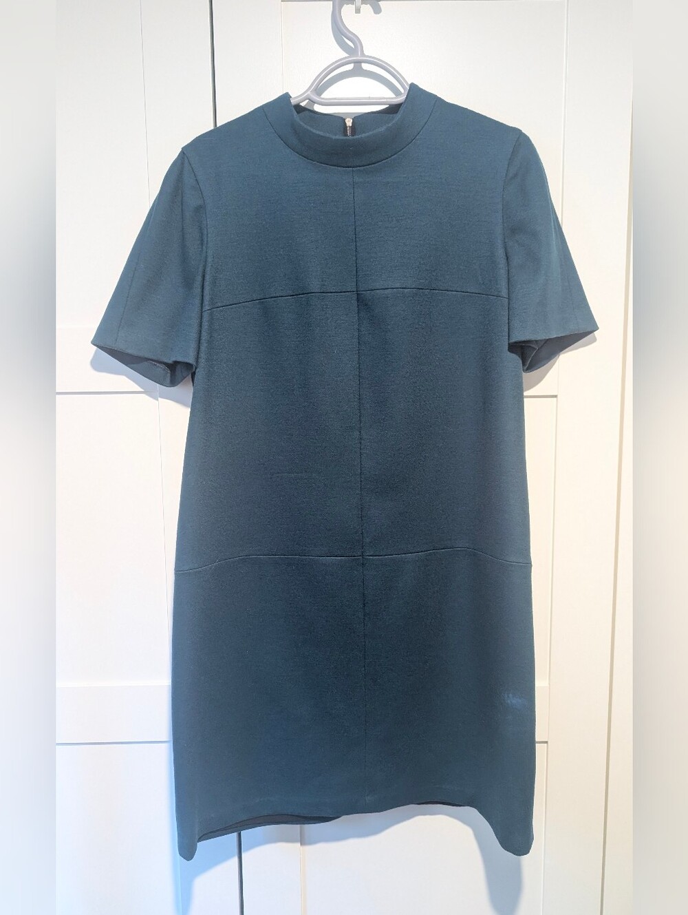 Judith&Charles Teal Short Sleeved Mock Neck Geometric Panel Wool Mini Dress -10-